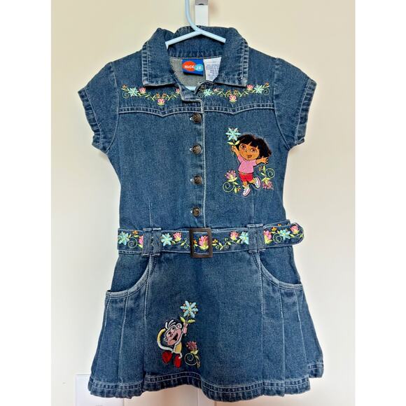 VTG Dora The Explorer Nick Jr Girls Denim Dress Size 4T 2000s Y2K Embroidered - Picture 1 of 11